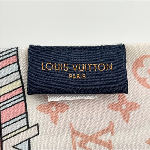 Authentic Louis Vuitton Bandeau LV tag printed silk Scarf W/Box - Picture 4 of 16